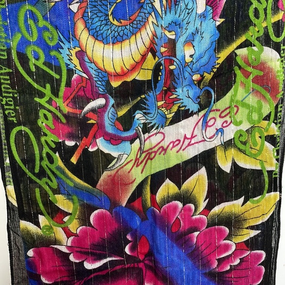 ED HARDY by Christian Audigier Cotton Scarf dragons floral gemstone - Picture 9 of 16